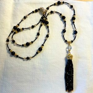 Onyx, Swarovski Crystal, and Vermeil Hand Crafted Tassel Necklace